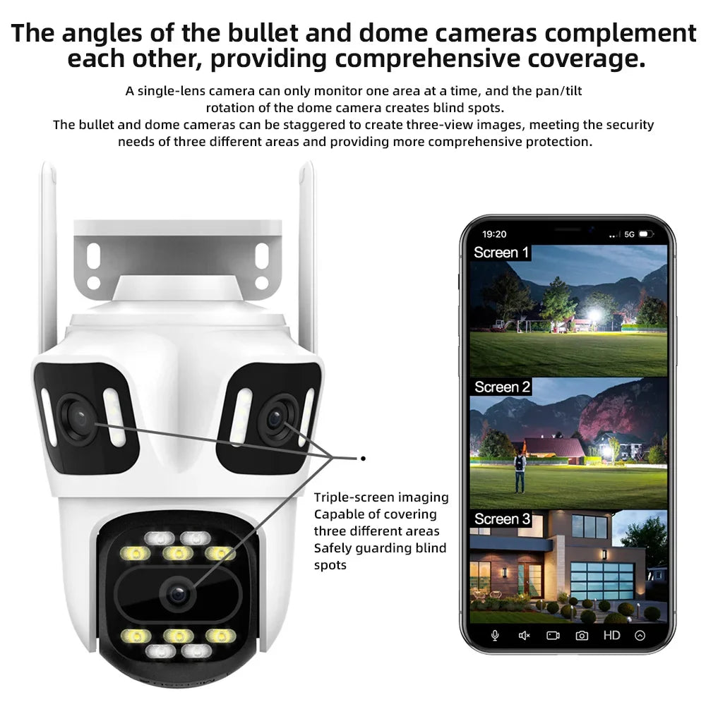 Caméra De Surveillance Extérieure PTZ Triple Objectif Wi-Fi