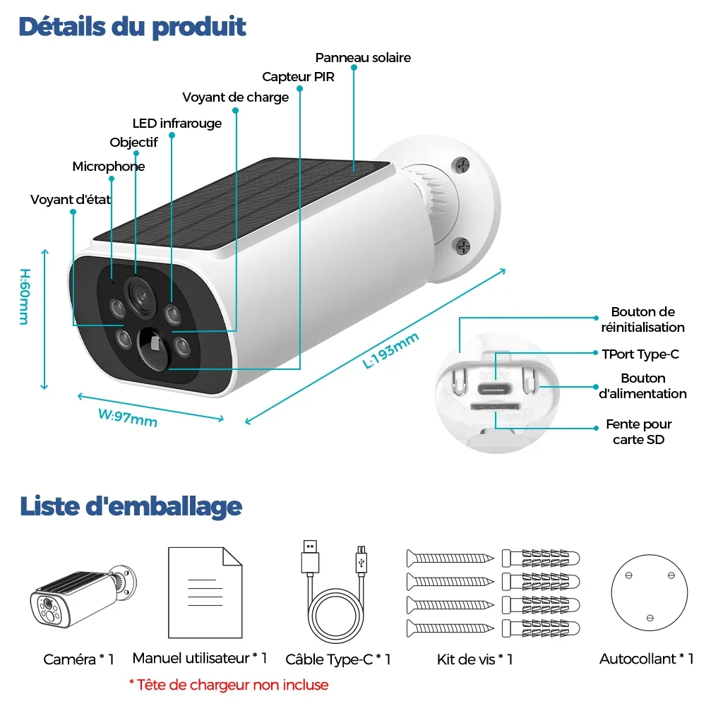 Caméra Solaire Extérieure Wi-Fi 4MP avec Vision Nocturne